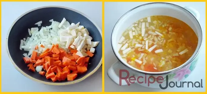 Мелко режем лук, сельдерей, морковь и пассеруем до мягкости в подсолнечном масле. Затем добавляем в кастрюлю с бульоном, варим до готовности картофеля.
