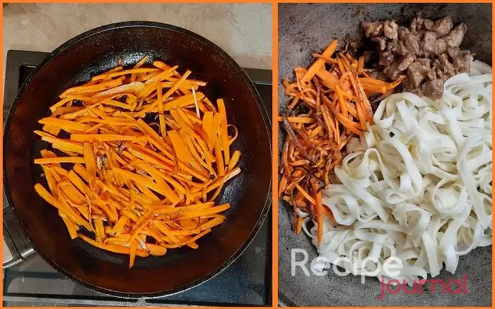 Отдельно обжариваем морковь до мягкости и соединяем в глубокой сковороде лапшу, мясо утки и морковь.
