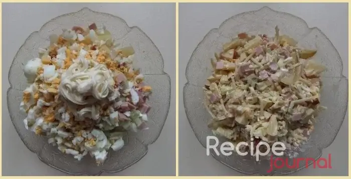 Заправляем салат небольшим количеством майонеза, перемешиваем и, низкокалорийный поррисалат готов!
