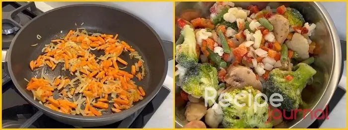 Мелко режем морковь и добавляем к луку, обжариваем до мягкости моркови. Затем добавляем на сковороду смесь овощей.