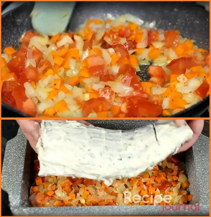 Пока рыба пропитывается, мелко режем очищенные лук и морковь, обжариваем их в растительном масле минут 5, затем добавляем нарезанный кубиком помидор, перемешиваем и снимаем с огня. В форму для запекания выкладываем овощи, на овощи кладем рыбу в сметанном соусе.