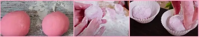 Выравниваем получившееся пирожное, подкрутив пальцами и приплюснув снизу, присыпаем крахмалом (в крахмал можно добавить сахарной пудры), стряхиваем лишнюю обсыпку и выкладываем в подходящую тарелку или формочки, отправляем на пару часов холодильник. Нежный японский десерт, пирожное Моти (Mochi) готово!