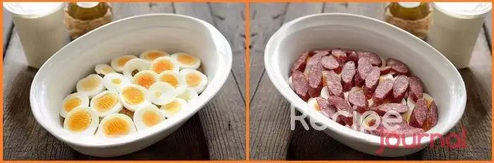 Яйца нарезаем тонко кольцами, лучше это сделать яйцерезкой. Выкладываем слой из яиц, на яйца выкладываем нарезанную кольцами колбасу.