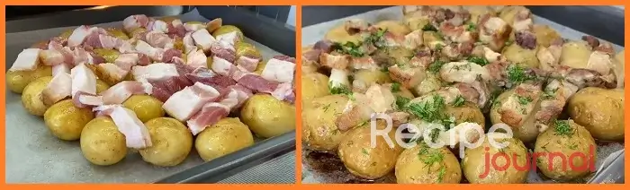 На противень выкладываем картофель, на него раскладываем сало и отправляем в духовку при 200<sup>о</sup> на 45-50 минут. Зелень нарезаем  и посыпаем картофель перед подачей. Картошка с салом в духовке готова!