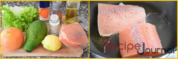 Приобретем необходимые ингредиенты для приготовления экзотического салата. Филе лосося солим, натираем имбирем и перцем. Обжариваем в столовой ложке оливкового масла, предварительно хорошо разогретого, по 5 минут с каждой стороны.