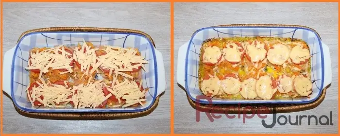 На помидоры разложить натертый сыр и запекать в разогретой до 200<sup>о</sup> духовке 25-30 минут. Сочная горбуша в духовке с овощами, под сырной корочкой готова!