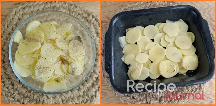Очищенный картофель нарезаем тонкими слайсами. Перчим и немного солим. Форму для запекания смазываем растительным маслом, выкладываем половину картофеля, перчим и сбрызгиваем маслом, можно немного посолить.