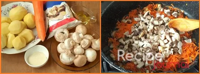 Овощи и грибы промоем и почистим. Картофель поставим вариться в подсоленной воде. Лук мелко режем, морковь трем на крупной терке, грибы режем мелко, обжариваем  в растительном масле до прозрачности лук, затем добавляем морковь, затем грибы.