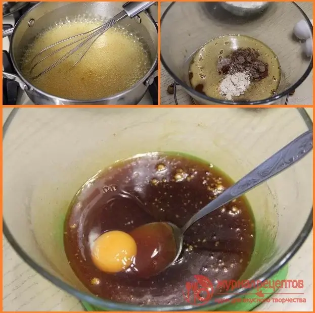 Не переставая помешивать, варим массу минуты три, пока она не станет приятного золотистого цвета. Переливаем в миску и добавляем молотый имбирь, корицу, соль, перемешиваем. Затем, по одному, добавляем яйца и тщательно перемешиваем.