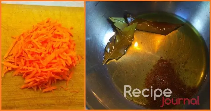 Морковь натираем на крупной терке. В глубокой сковороде разогреваем растительное масло опускаем в него лавровый лист, обжариваем пару минут, затем так же поступаем с кумином.