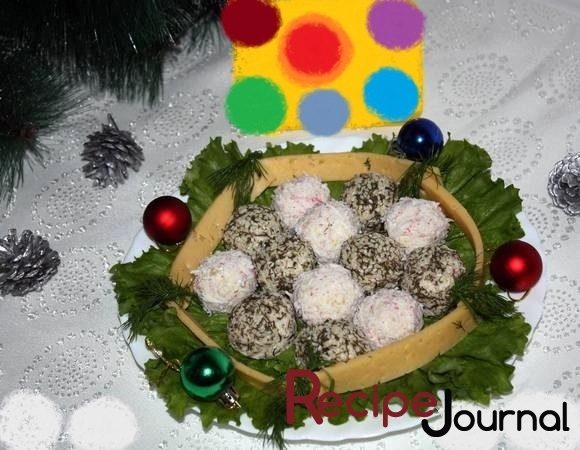 Рецепт праздничной закуски - шарики из сыра плавленного, крабовых палочек, красной рыбы и оливок