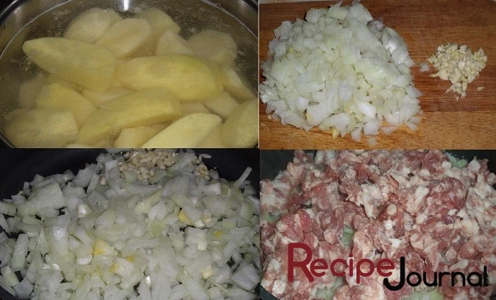 Картофель чистим и режем на 4 части, чтобы быстрее сварился, отвариваем до готовности. Мелко режем чеснок и лук, пассеруем в растительном масле до прозрачности, добавляем нарезанное небольшими кусочками мясо и обжариваем минут 10. Солим.