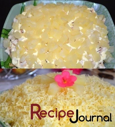 Поверх майонеза выложить ананасы и посыпать тертым сыром, украсить по вашему вкусу. Салат Викинг готов!