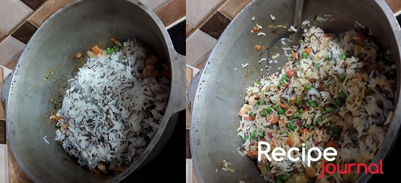 Добавляем рис, перемешиваем и еще обжариваем минут 5. Жареный рис - блюдо китайской кухни, готов! Подаем горячим, можно добавить зелень.