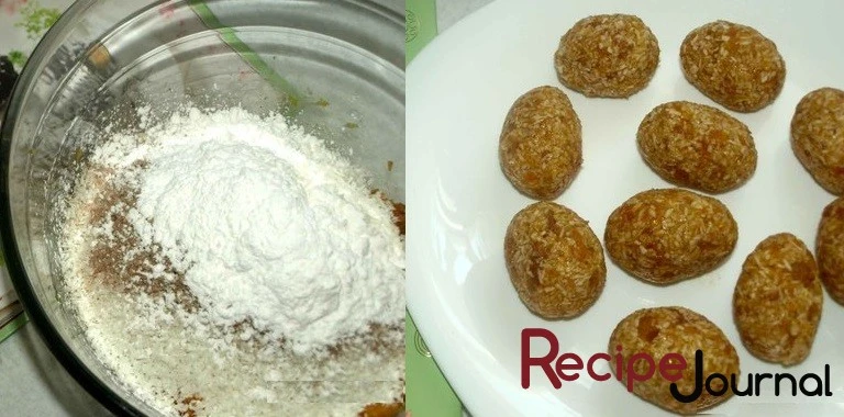 К пюре добавить кокосовую стружку (100гр), сахарную пудру, корицу. Перемешать и сформировать порции в виде яиц. Отправить в холодильник на 30 минут.