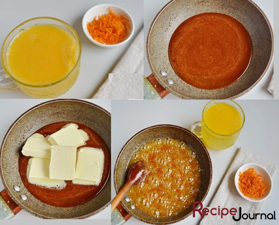 Выжимаем сок апельсина и натираем цедру. Когда сахар растаял и стал золотистого цвета, кладем кусочки масла и помешивая, доводим до кипения сиропа.