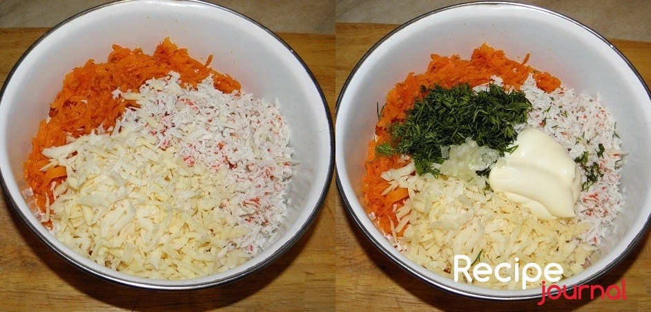 В миску сложить морковь, на крупной терке натереть сыр и замороженные крабовые палочки. Мелко порезать зелень, чеснок либо мелко порубить, либо раздавить прессом.  Добавить в миску и заправить майонезом.