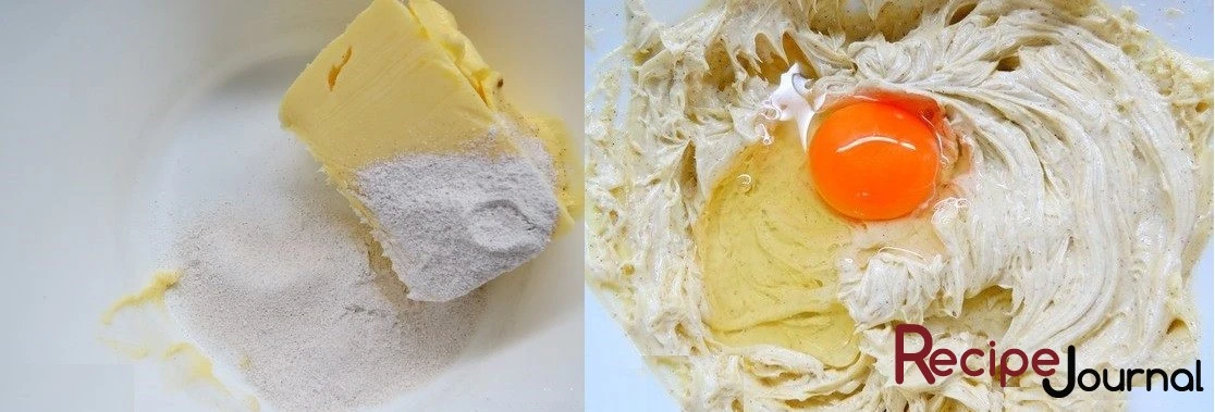Масло достать из холодильника заранее, в рецепте используется размягченное. Взбиваем размягченное масло с сахарной пудрой до однородной массы, вводим яйцо и снова взбиваем.