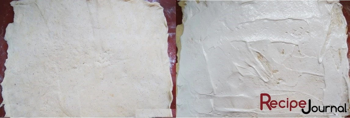 Охлажденное тесто раскатываем в тонкий пласт и смазываем взбитым белком.