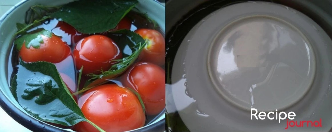 Залить помидоры рассолом. Если готовите не в банке, то накрыть сверху тяжелой тарелкой соответствующего диаметра. Отставить в прохладное место, через 15-20 дней помидоры будут готовы.