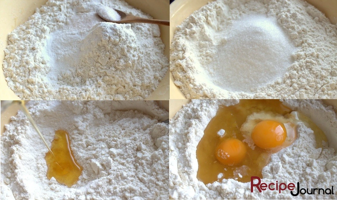 Для теста смешиваем сухие ингредиенты, добавляем растительное масло и яйца.