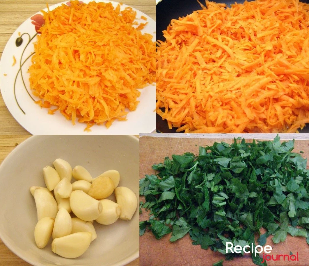 Морковь натереть на крупной терке и пассеровать в небольшом количестве растительного масла около 10 минут. Чеснок  и зелень измельчить, отложить четвертую часть того и другого.