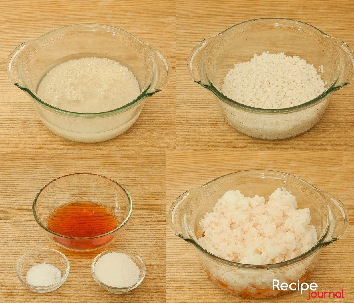 Для торта надо использовать рис клейких сортов, есть такой специально для суши. Хорошо промыть крупу  до прозрачности воды, залить водой чтобы покрыло и дать постоять 30 минут. Рис набухнет и увеличится в размере. Отварить рис до готовности, залив водой примерно на 2 см выше крупы. Готовый рис промывать не надо, откинуть на дуршлаг и перемешать с заранее подготовленным рисовым уксусом. Уксус смешать с с 1 ч.л. соли и 2 ст.л. сахара.