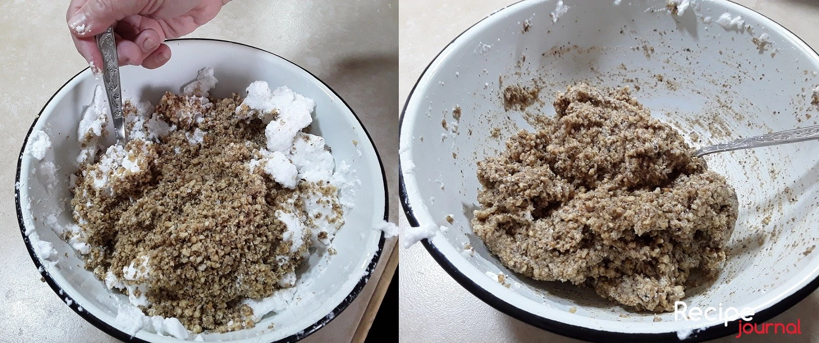 Добавляем оставшуюся соль и перемешиваем аккуратно, чтобы сохранить воздушность белка. В итоге у нас получится вот такая однородная и достаточно липкая ореховая масса.
