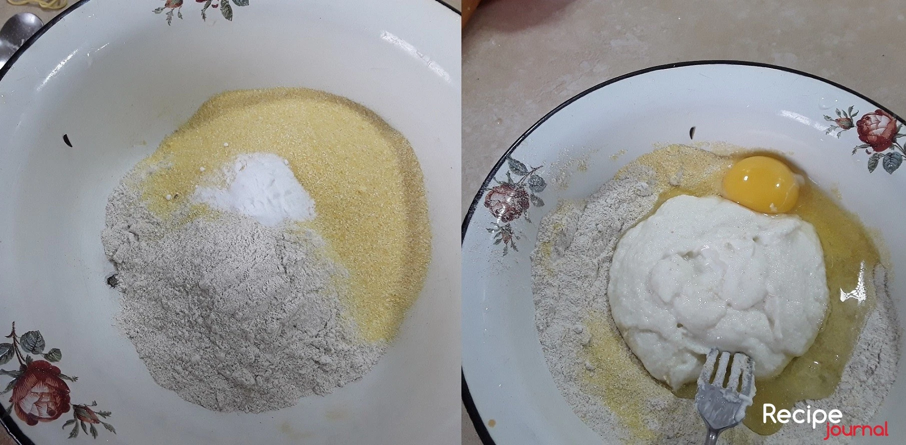 В миске смешать ржаную и кукурузную муку, добавить соду и соль. Выложить набухшую в кефире манку, добавить яйцо.