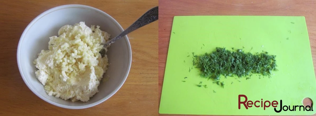 Переложить массу в миску и добавить чеснок, который раздавили через пресс и измельченный грецкий орех. Порезать зелень.