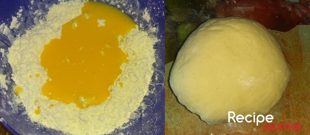 В мучную крошку добавить разрыхлитель и влить яичную смесь. Замесить мягкое тесто.
