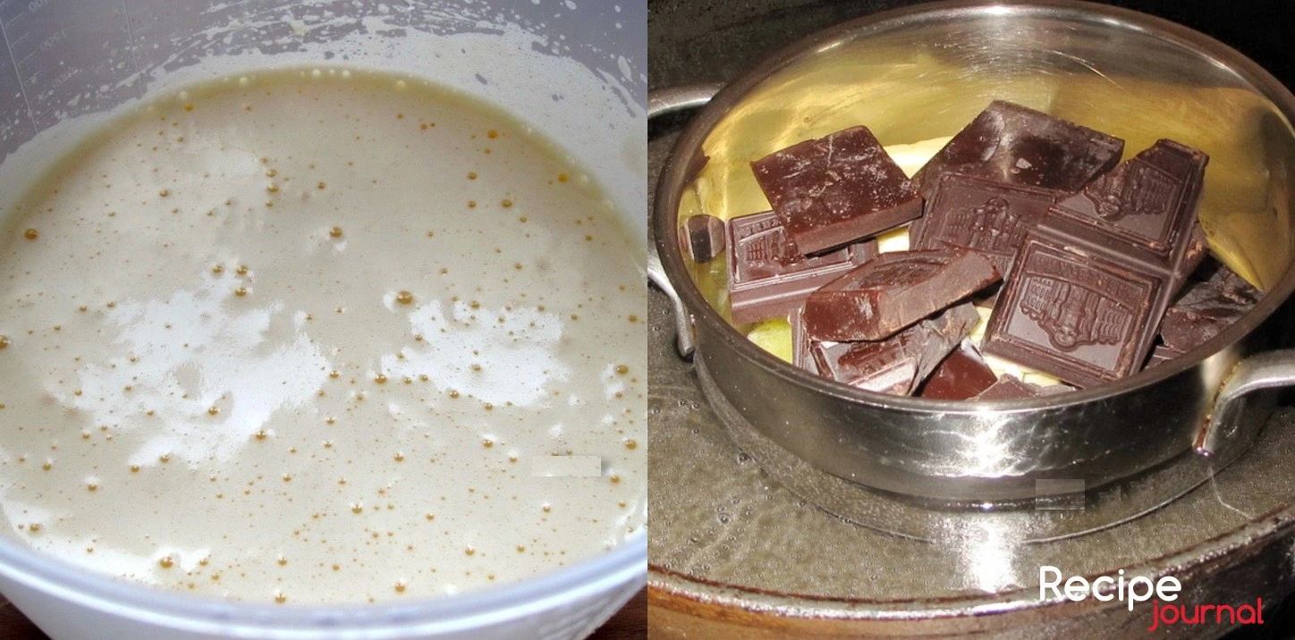 Включаем духовку на разогрев до 170<sup>о</sup>. Затем взбиваем яйцо с сахаром добела. Ставим кастрюлю на водяную баню, кладем масло и шоколад и хорошо разогреваем.