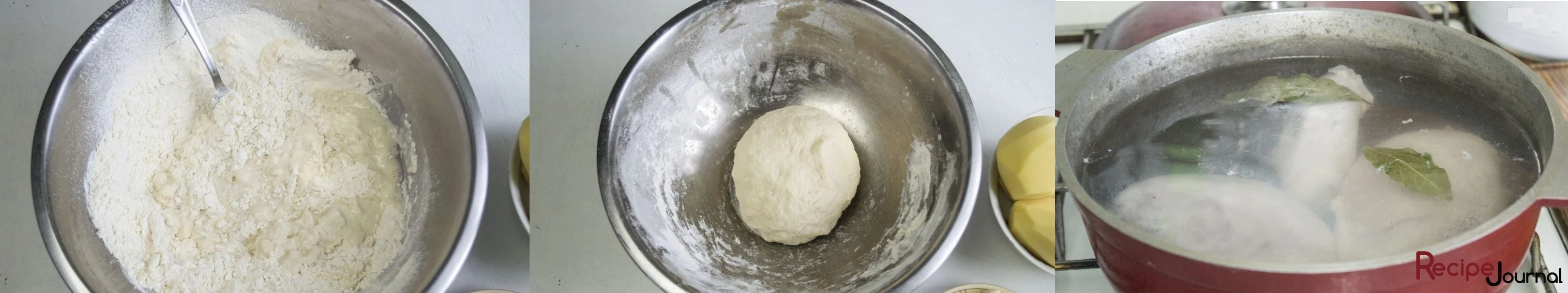 Для начала сделаем тесто. Муку заливаем горячим бульоном и замешиваем крутое тесто. Отставляем его минут на 15. Ставим на огонь воду, кладем специи, соль и опускаем мясо. Варим до готовности.