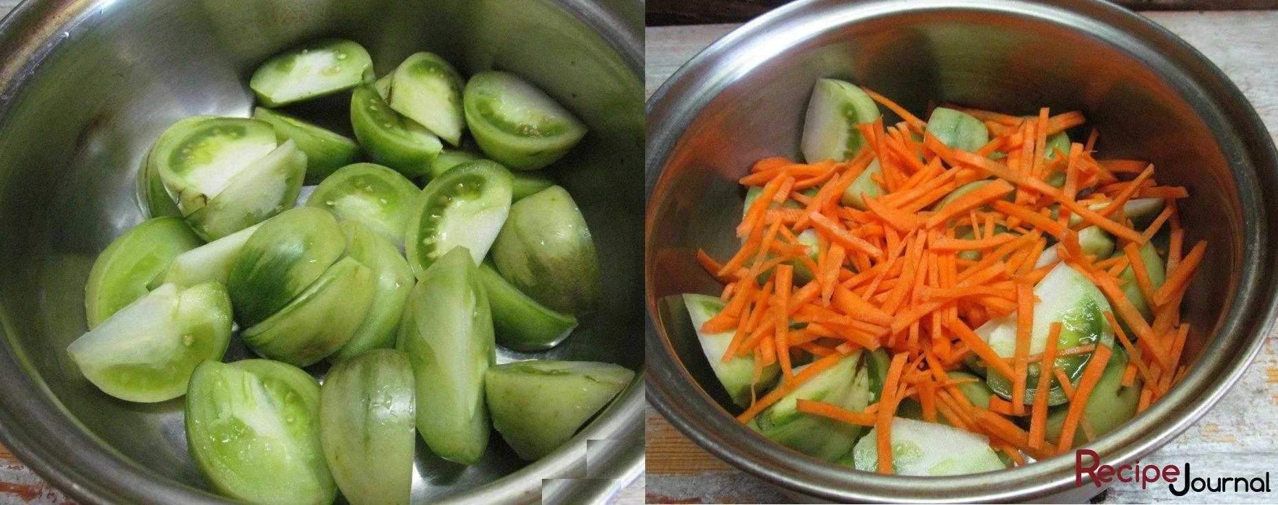 Овощи подготовить, промыть, удалить поврежденные места. Помидоры порезать крупными дольками. Морковь - соломкой.