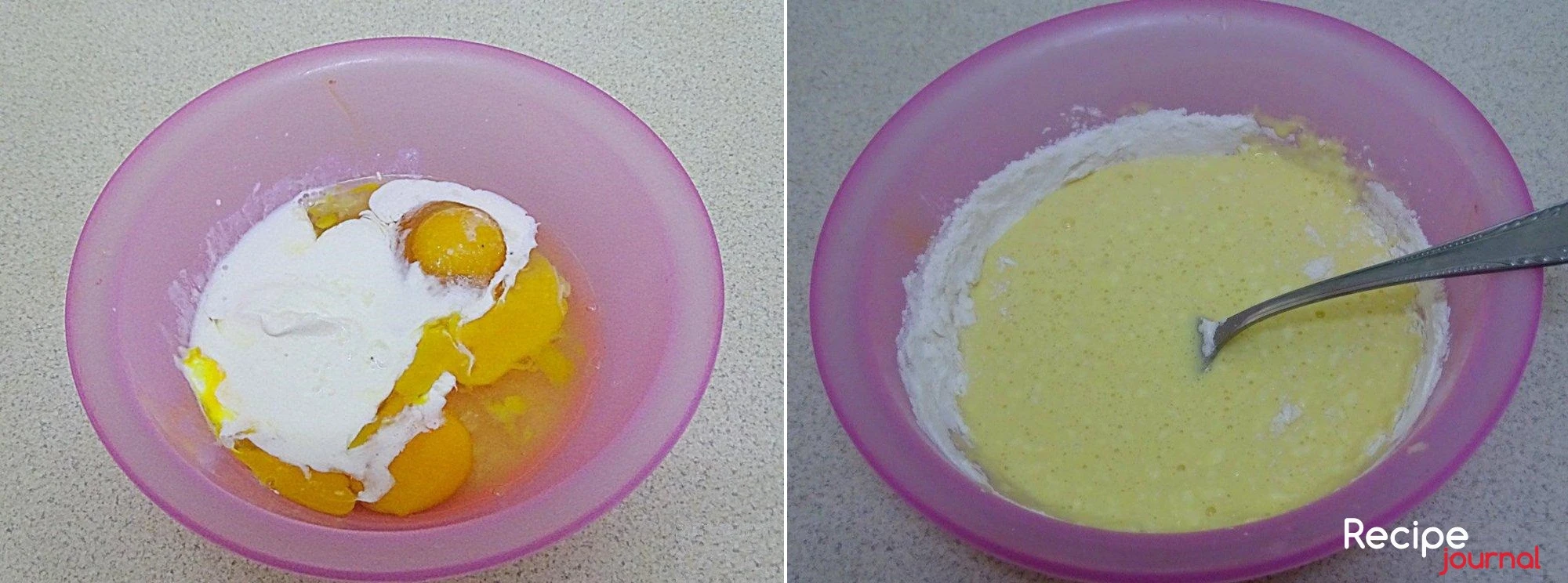 Яйца слегка взбить со сметаной, затем добавить муку, перемешать.