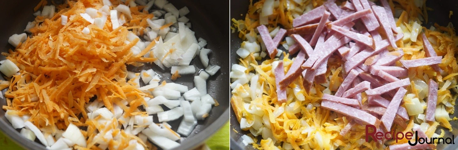 В растительном масле обжариваем лук и морковь. Мясной ингредиент нарезаем соломкой и добавляем к овощам, вливаем соевый соус, перемешиваем и тушим минут 5.