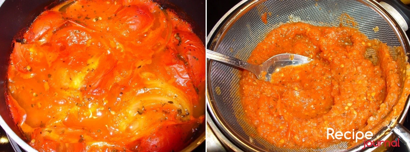 Готовим томатное желе. Крупно режем помидоры, лук, чеснок. Все заливаем рыбным бульоном, добавляем томатную пасту и приправы с солью.  Варим минут 20, пока все ингредиенты хорошо не разварятся. Затем измельчаем в пюре и протираем через сито. Добавляем желатин, растворяем его  и кипятим. Разливаем желе по формам для холодца, даем остыть и ставим в холодильник до полного застывания.