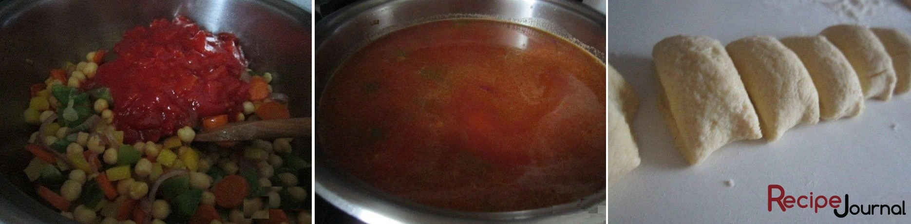 Добавить помидоры в томате  и перемешать, немного обжарить. Залить овощным бульоном и варить на слабом огне до полной готовности овощей. Затем посолить. Тесто раскатать в колбаску и нарезать шайбочками шириной примерно 1,5 см..
