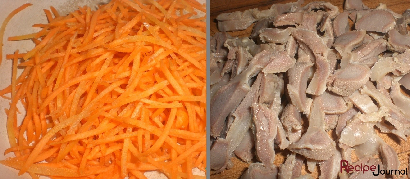 Морковь порезать тонкой соломкой. Остудить желудки и порезать тонкими пластинами.