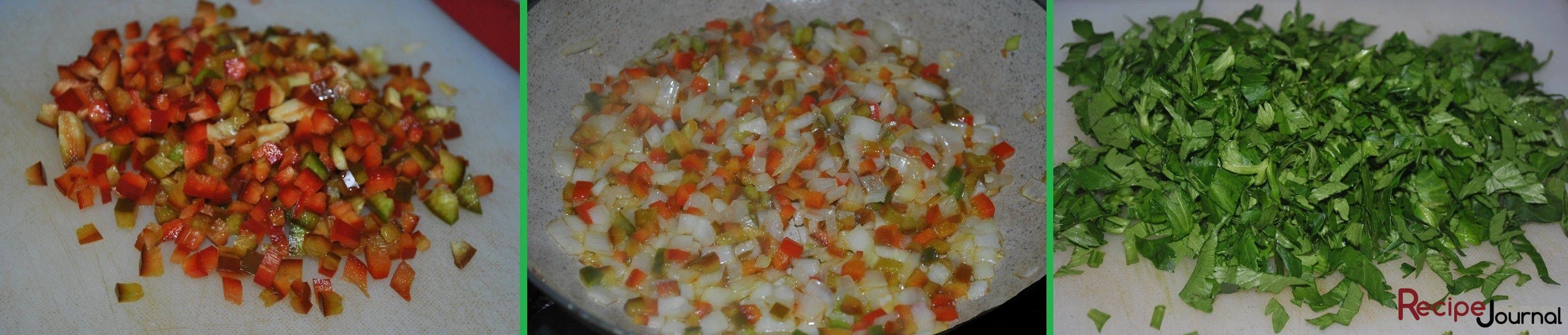 Болгарский перец порезать мелким кубиком. Разогреть в сковороде растительное масло и обжарить лук, затем добавить к нему перец и потушить до мягкости. Мелко порезать зелень.