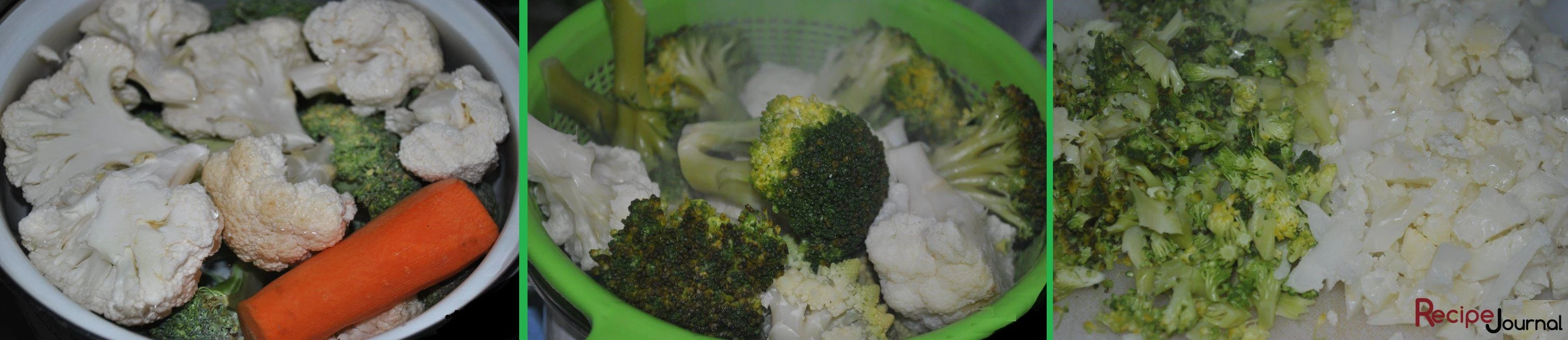 Почистить овощи, капусту и брокколи разобрать на соцветия. Соцветия отварить до полуготовности. Затем откинуть на дуршлаг и после того как вода стечет, порезать помельче.