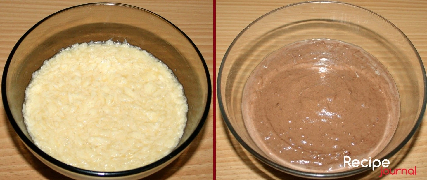К масляной смеси добавить яйца и белок, молоко и хорошо перемешать. Затем добавить муку с какао.