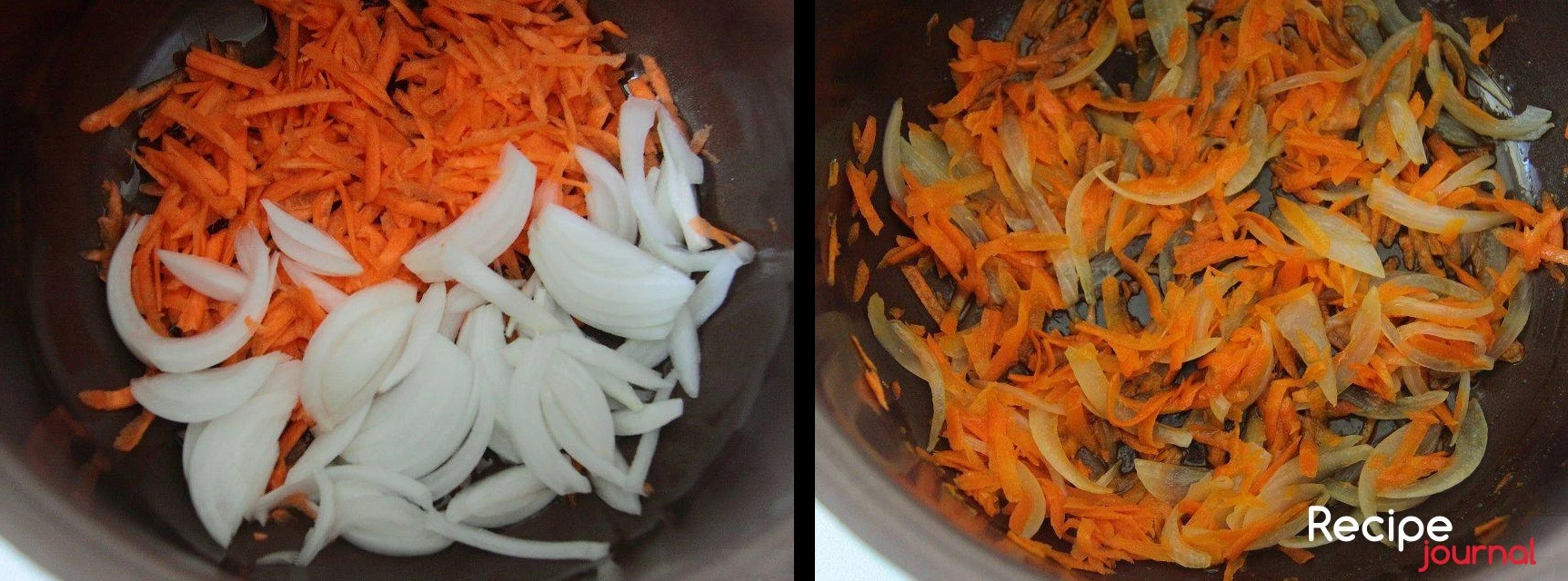 В сковороде с толстым дном разогреть растительное масло и пассеровать  нарезанные полукольцами лук и соломкой морковь. Овощи довести до полной готовности.