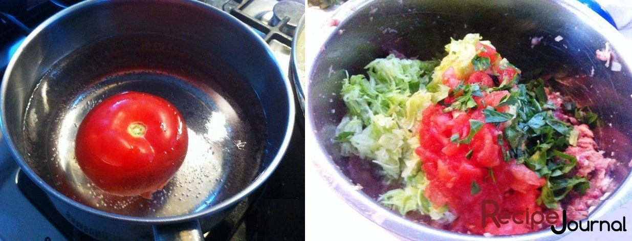 Ошпариваем в горячей воде помидор, затем опускаем его в холодную воду и снимаем кожицу, затем разрезаем и удаляем семена. Мелко режем мякоть помидора, зелень. Добавляем к фаршу кабачок, помидор и зелень, солим по вкусу.