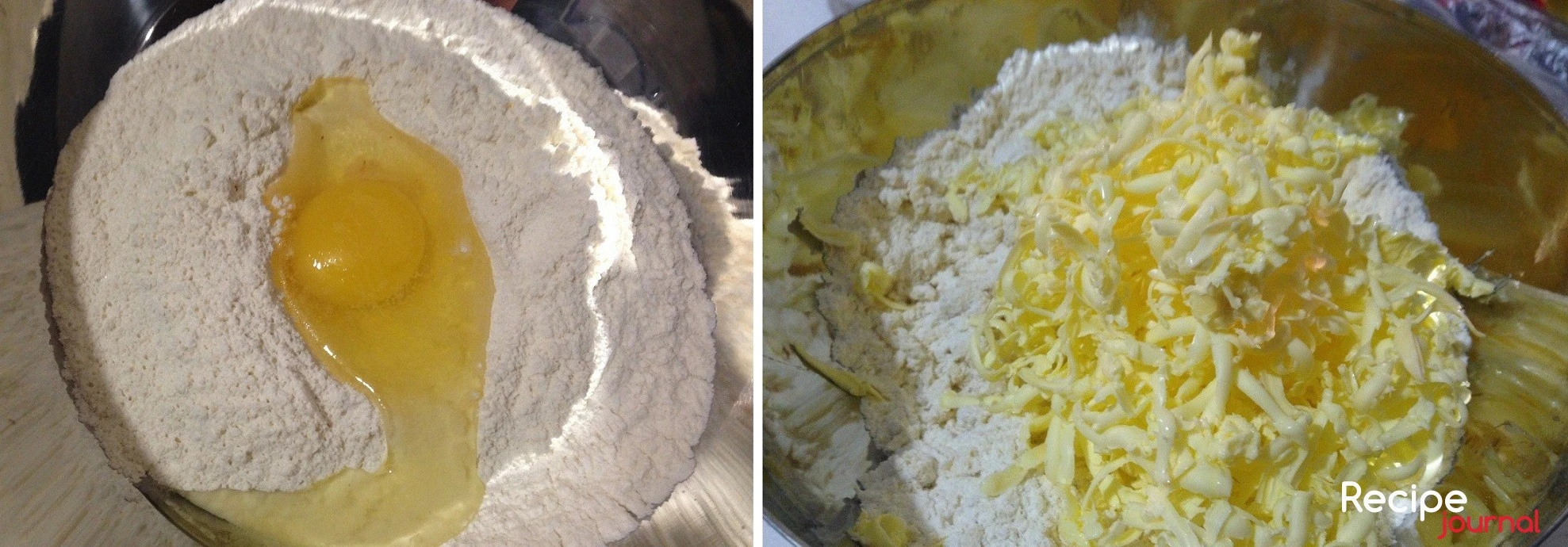 Начинаем с приготовления теста. Муку пшеничную перетираем с размягченным сливочным маслом и вбиваем 1 яйцо. Замешиваем тесто, скатываем в шар и отправляем в холодильник.