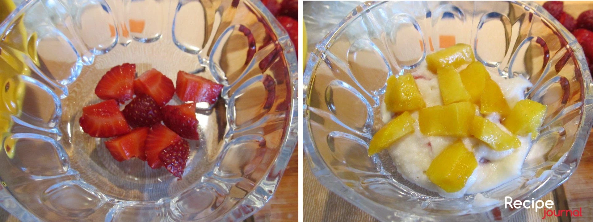 А теперь собираем парфе. В стаканчики или креманки выкладываем слоями фрукты  прослаиваем взбитым сливочно-зефирным кремом.