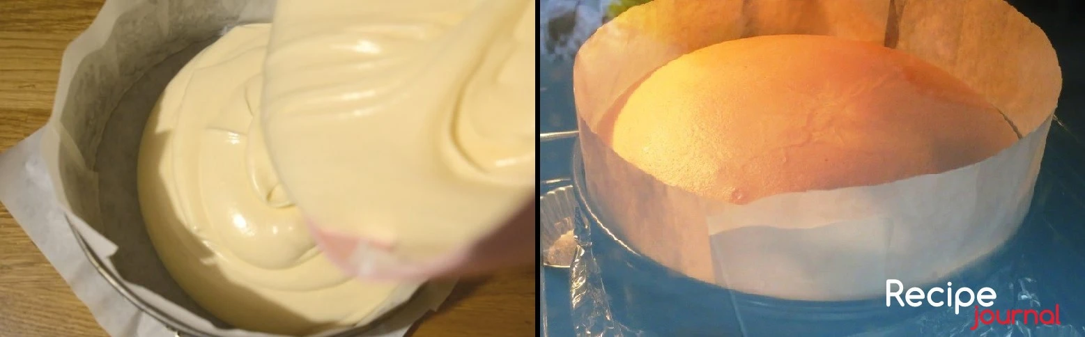 Заливаем в форму, застеленную пекарской бумагой, смазанной растительным маслом. Лучше чтобы форма была высокой, так бисквит хорошо поднимается. Если форма низкая,её можно нарастить с помощью той же бумаги. Отправляем в духовку при 170<sup>о</sup> на 20 минут, затем убавляем температуру до 150<sup>о</sup> еще 20 минут. Японский бисквит Кастелло готов!