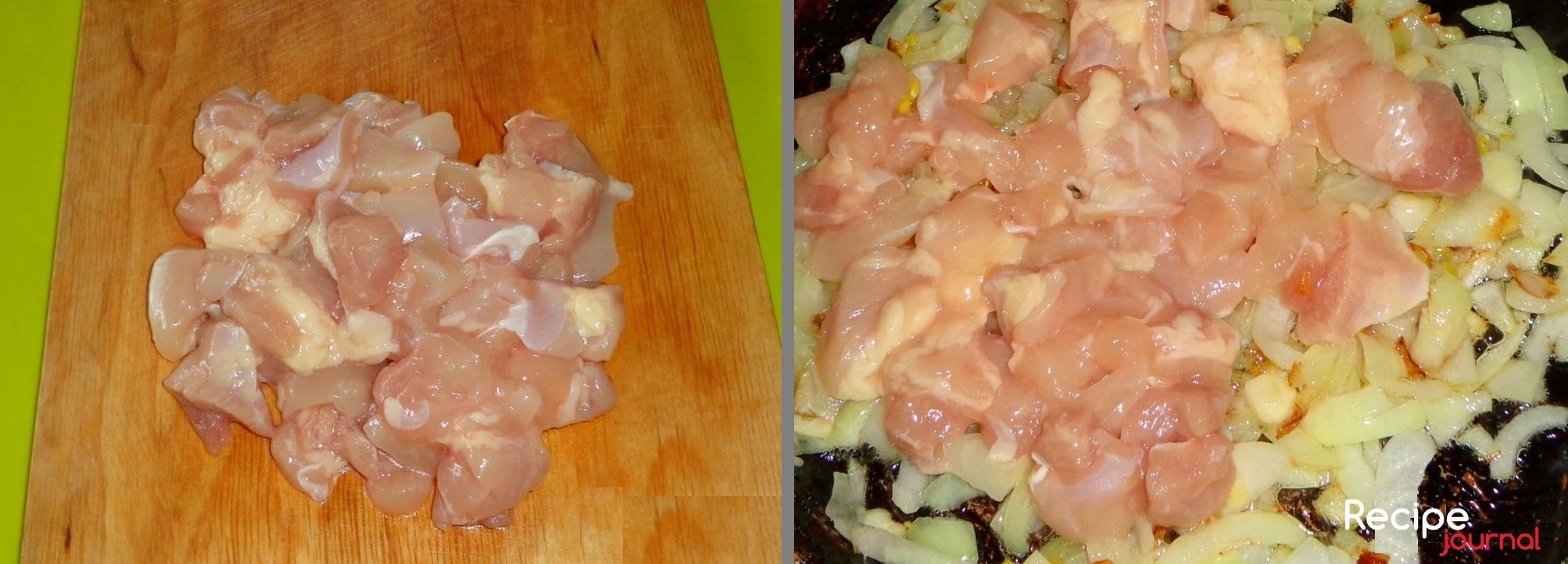 У куриных бедрышек снять кожицу, обрезать мясо с костей и порезать его так же мелким кубиком. Мясо добавить в сковороду к луку, перемешать и тушить минут 5.