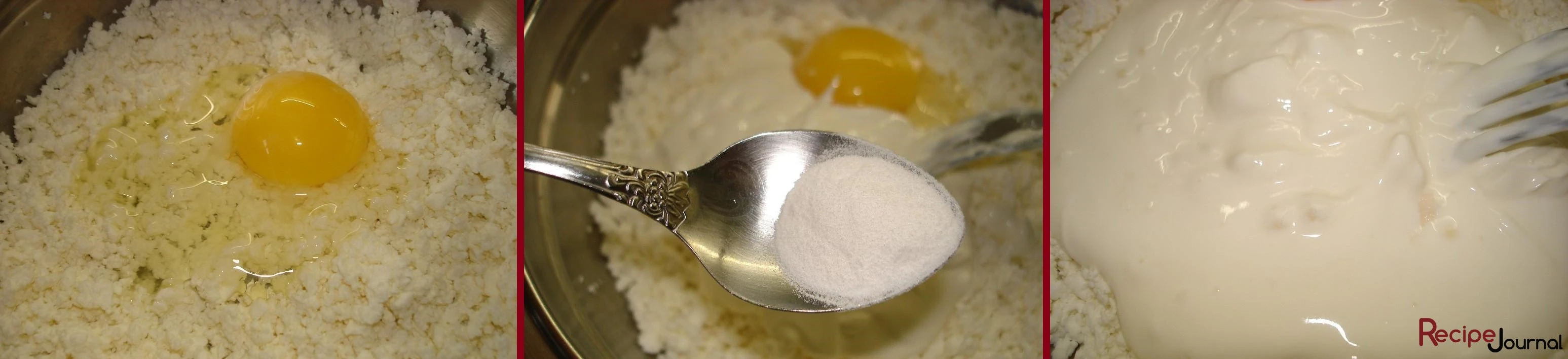 Для теста в творог вбиваем яйцо, сметану. Затем в сметану соду, чтобы погасилась. Солим и добавляем сахар.