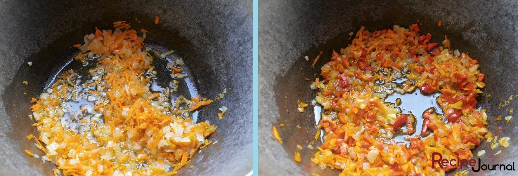 Натрем морковь на крупной терке и добавим к луку. Перемешаем и тушим пару минут. Затем болгарский перец мелко режем и добавляем к овощам. Тушим еще минут 5.